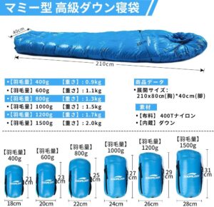 Soomloomの寝袋 マミー型シュラフは、ダウン量の異なるモデルがあります。