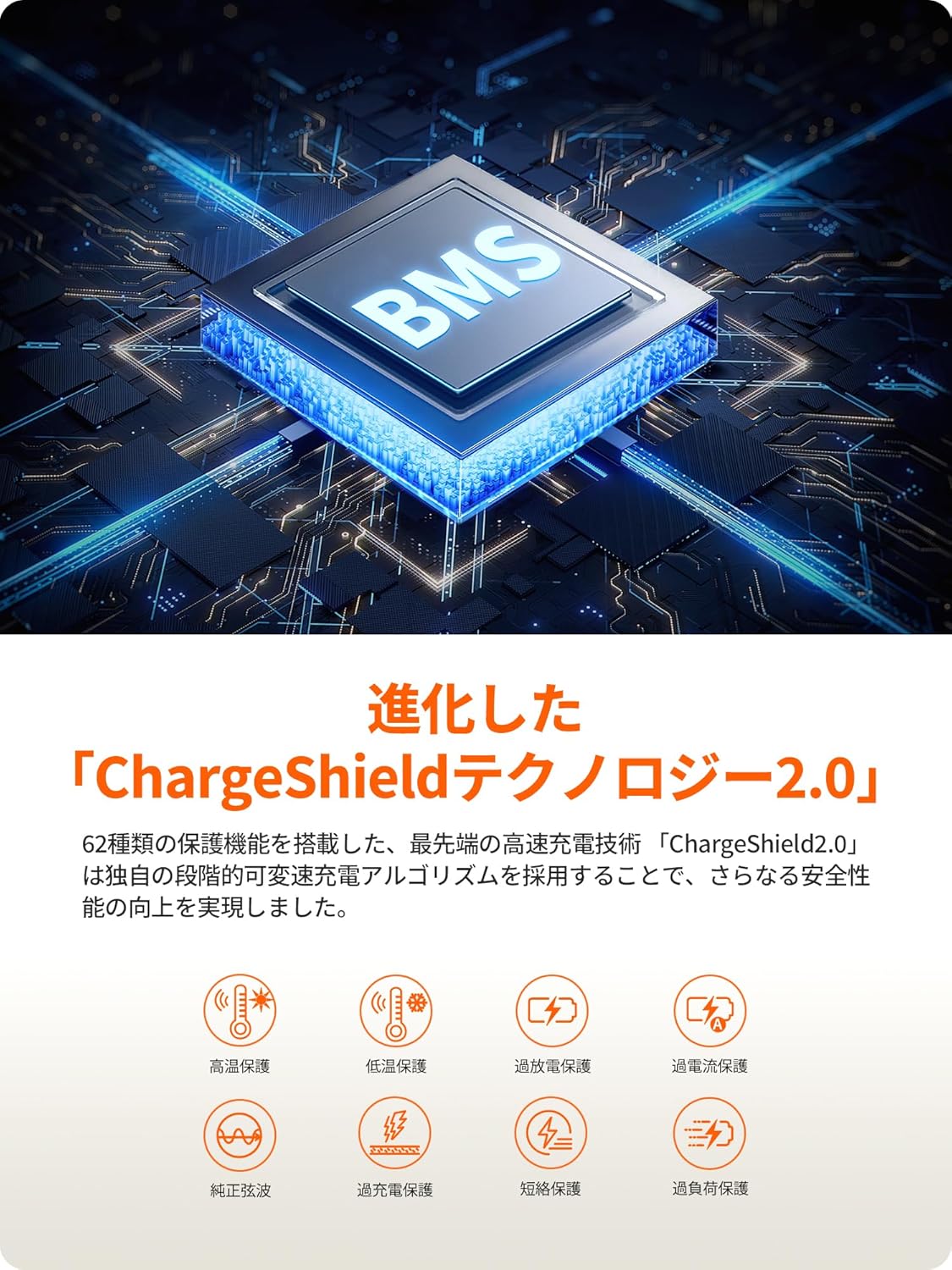 ポータブル電源240 Newには高性能なBMS(ChargeShieldテクノロジー2.0)を搭載している