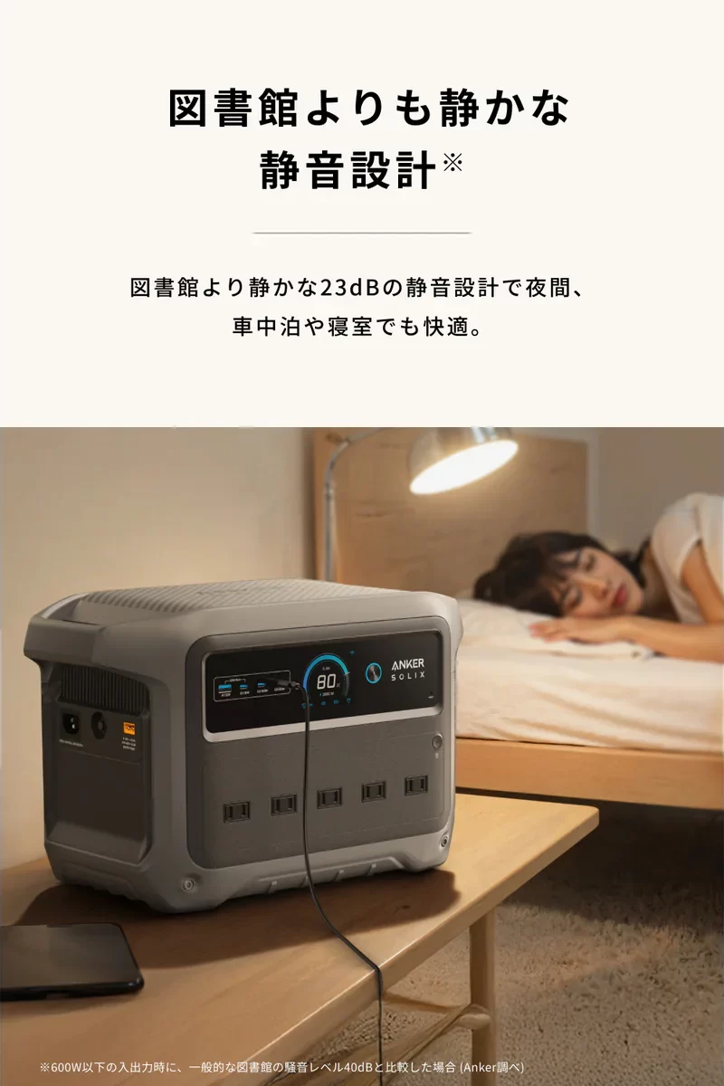 Anker Solix C1000 Gen 2 Portable Power Stationは、図書館よりも静かな静音設計となっている。