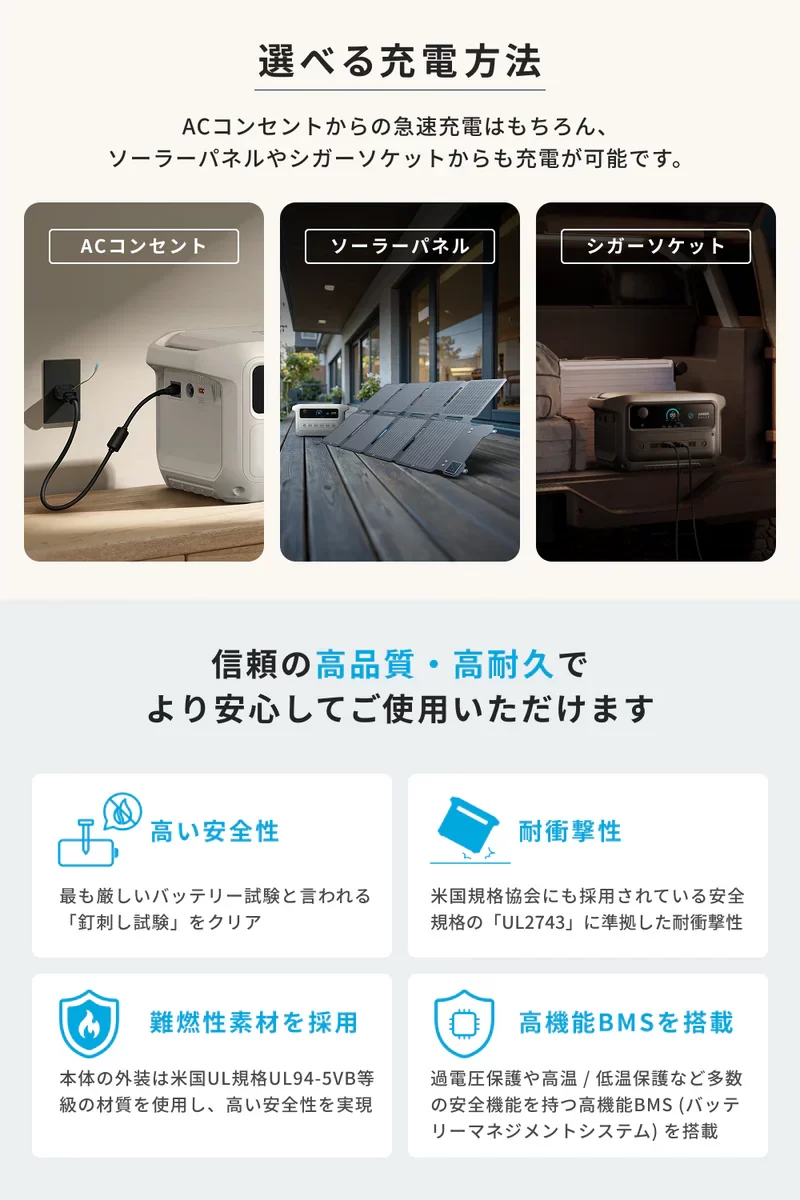 ACコンセントでの充電をはじめ、ソーラーパネル・シガーソケットからも充電ができる。