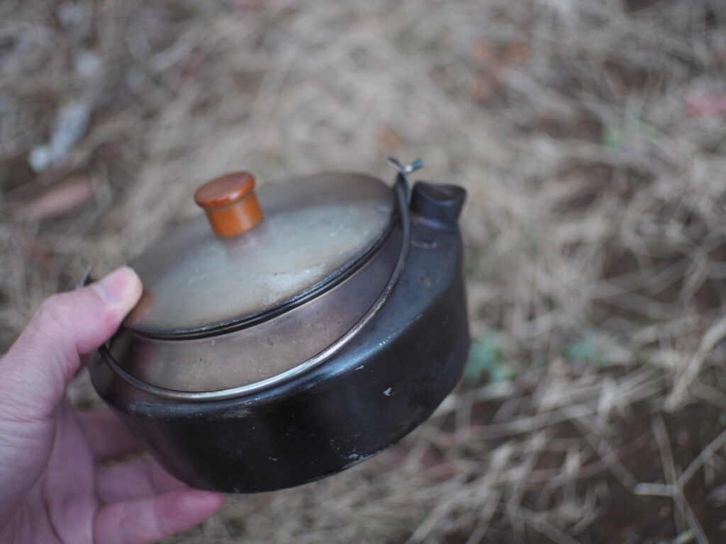 筆者がやかんタイプのケトルを手に持っているもの