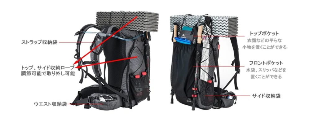 ネイチャーハイクのバックパックには、多くの収納ポケットを完備したり、収納を支えるロープを付属したりする